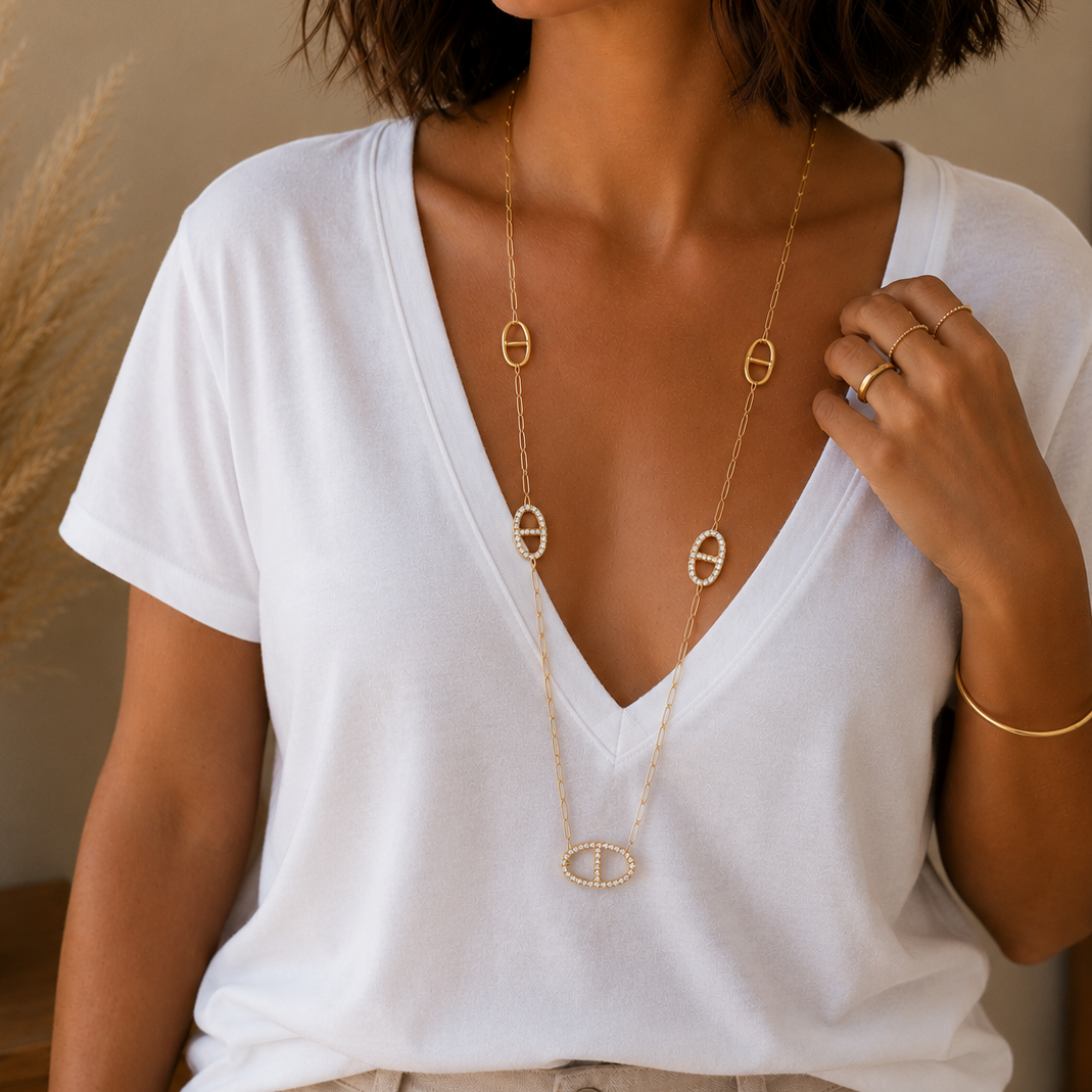 Sautoir collier Maille Marine en Acier Inoxydable avec strass
