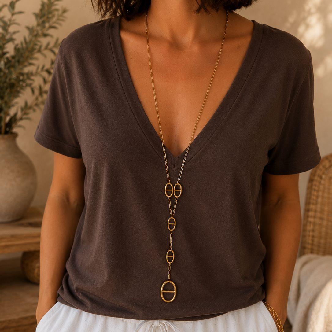 Sautoir collier Y long maille épaisse marine en acier inoxydable