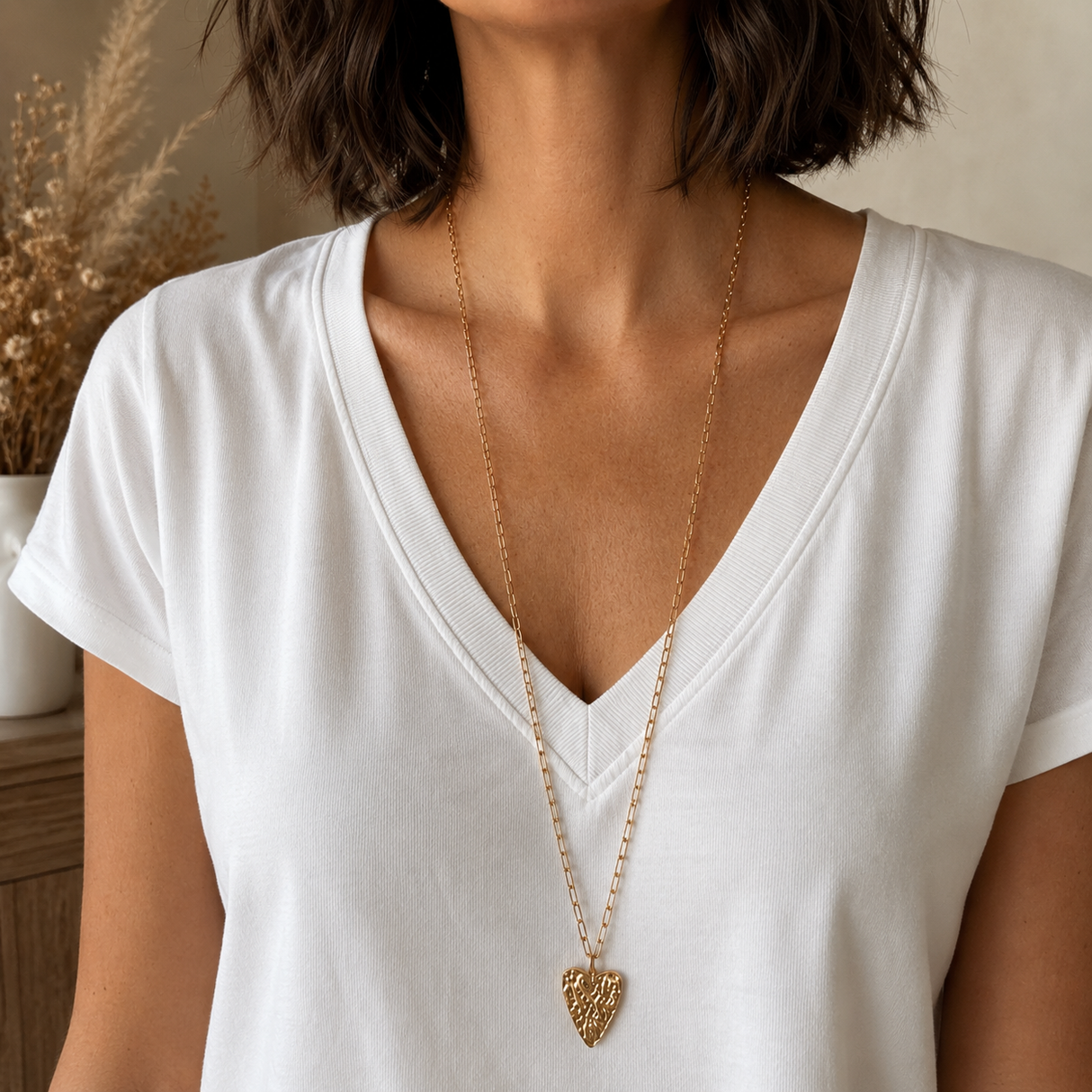 Sautoir collier coeur martelé en acier inoxydable