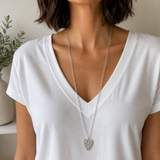 Sautoir collier coeur martelé en acier inoxydable