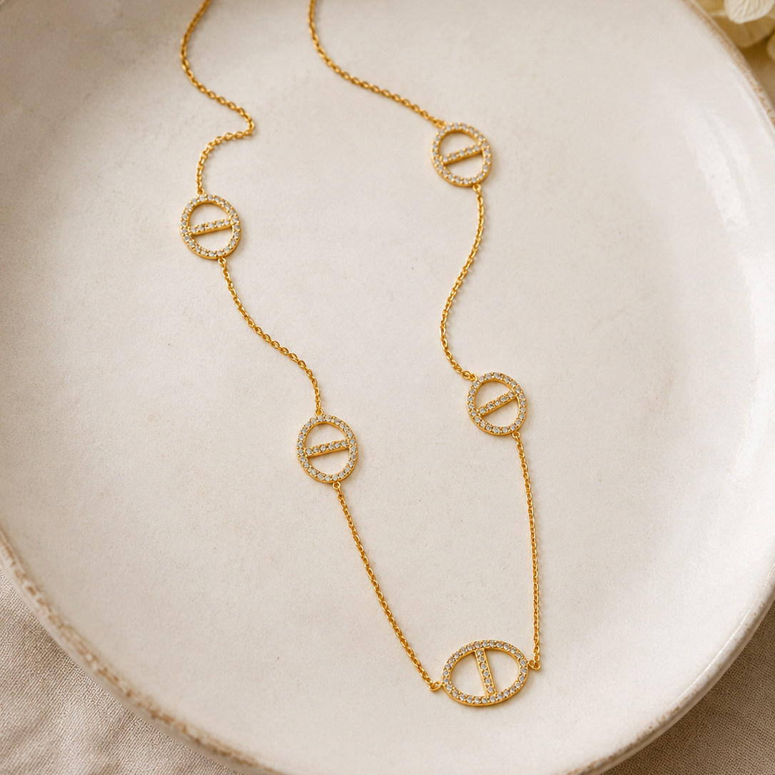 Sautoir collier long maille marine avec zircon en acier inoxydable
