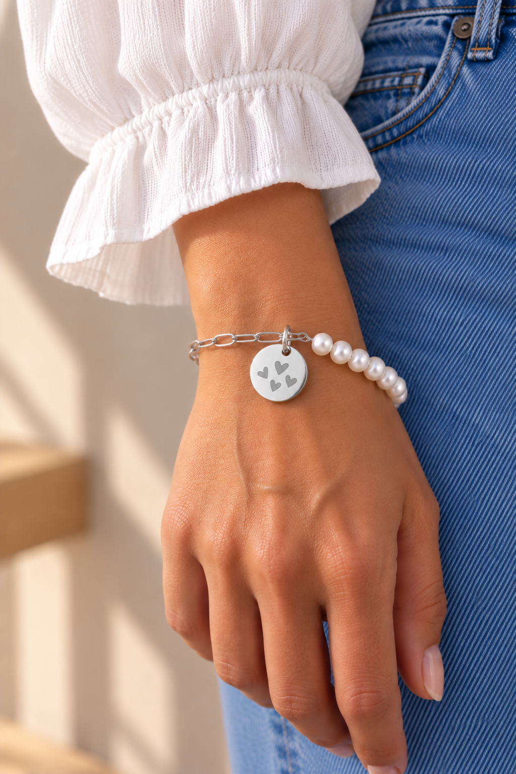 Bracelet personnalisé en perles d’eau douce Acier inoxydable médaille gravée