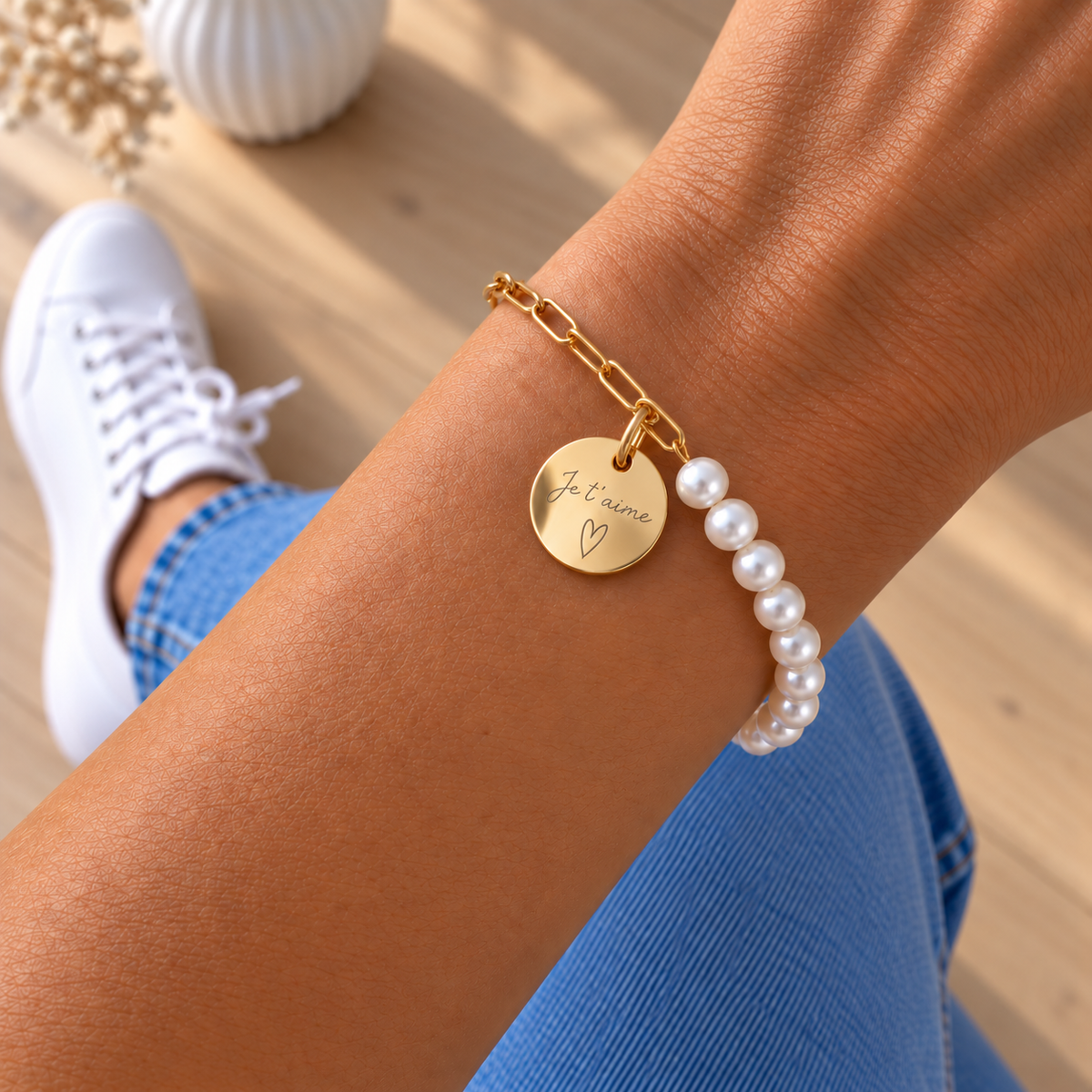 Bracelet personnalisé en perles d’eau douce Acier inoxydable médaille gravée