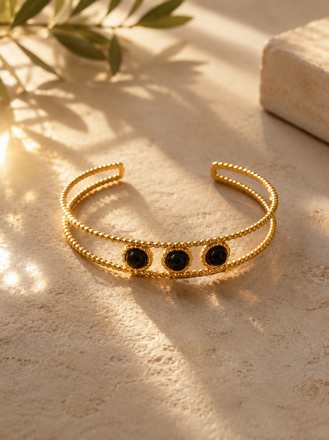 Bracelet jonc 2 rangs avec pierres Jade blanche, Lapis Lazuli, Onyx, Cornaline en acier inoxydable