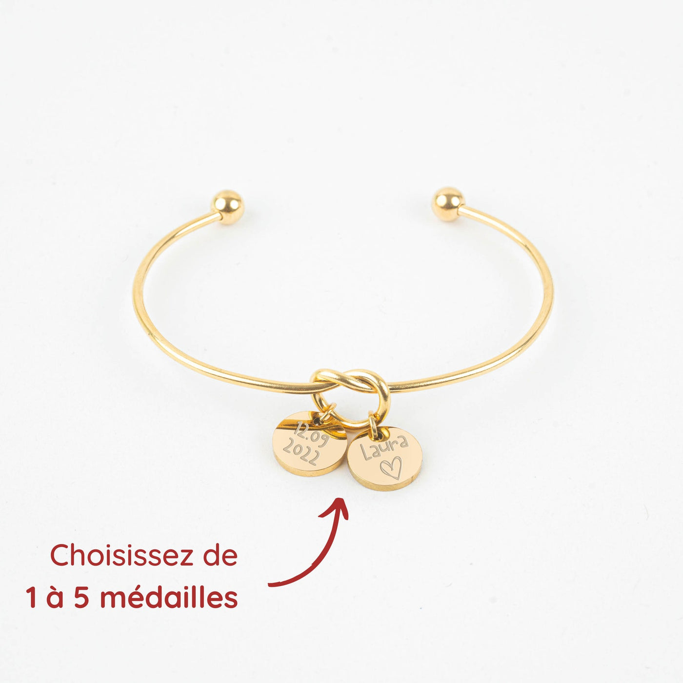 Bracelet jonc or noeud personnalisé - Médailles 12 mm