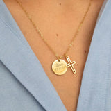 Collier croix chrétienne médaille à graver 15mm pendentif en acier inoxydable pour femme ou enfant