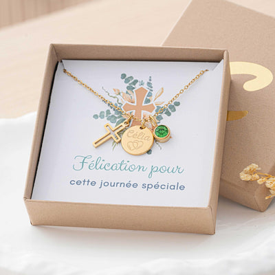 Collier avec pendentif croix chaîne de baptême avec gravure acier inoxydable or cadeau filleul bijoux baptême communion confirmation