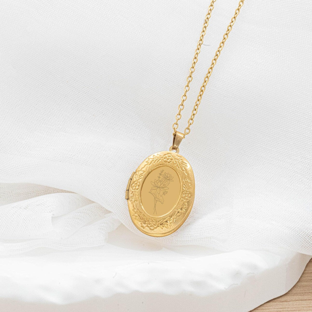 Collier photo or personnalisé médaillon ovale motif à graver en acier inoxydable