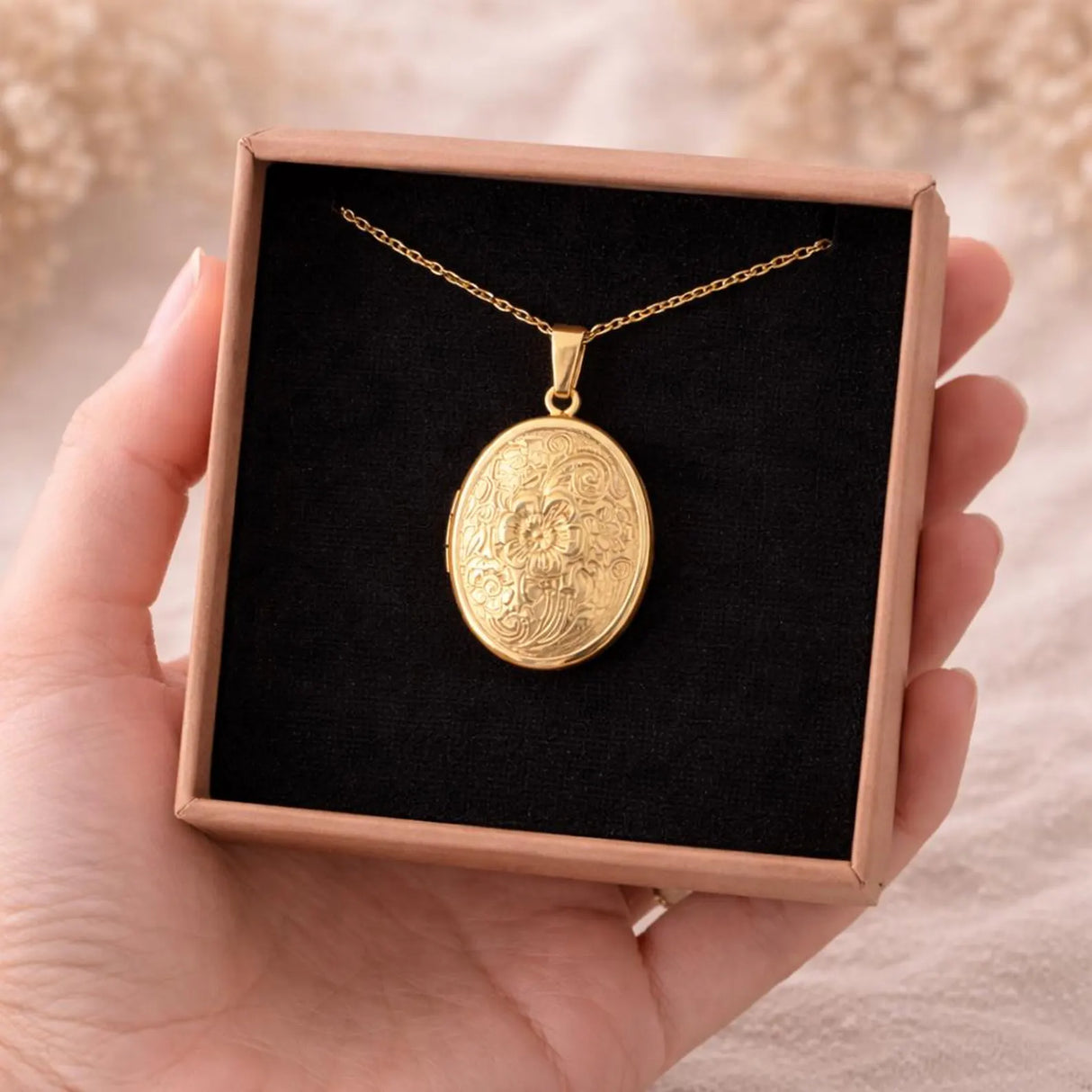 Collier photo personnalisé médaillon ovale motif fleur gravé acier inoxydable