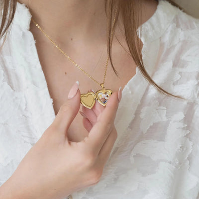 Collier photo or personnalisé médaillon coeur avec motif gravé fleur acier inoxydable