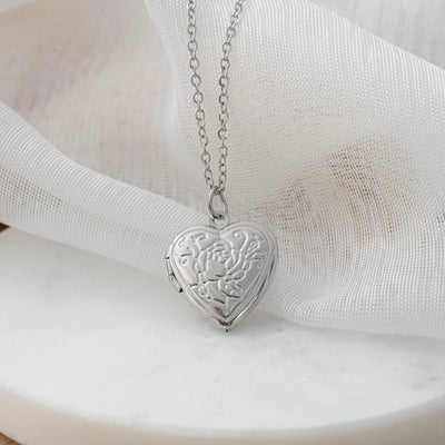 Collier photo argent personnalisé médaillon coeur avec motif gravé fleur acier inoxydable