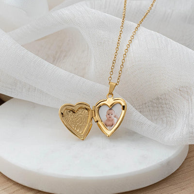 Collier photo or personnalisé médaillon coeur avec motif gravé fleur acier inoxydable