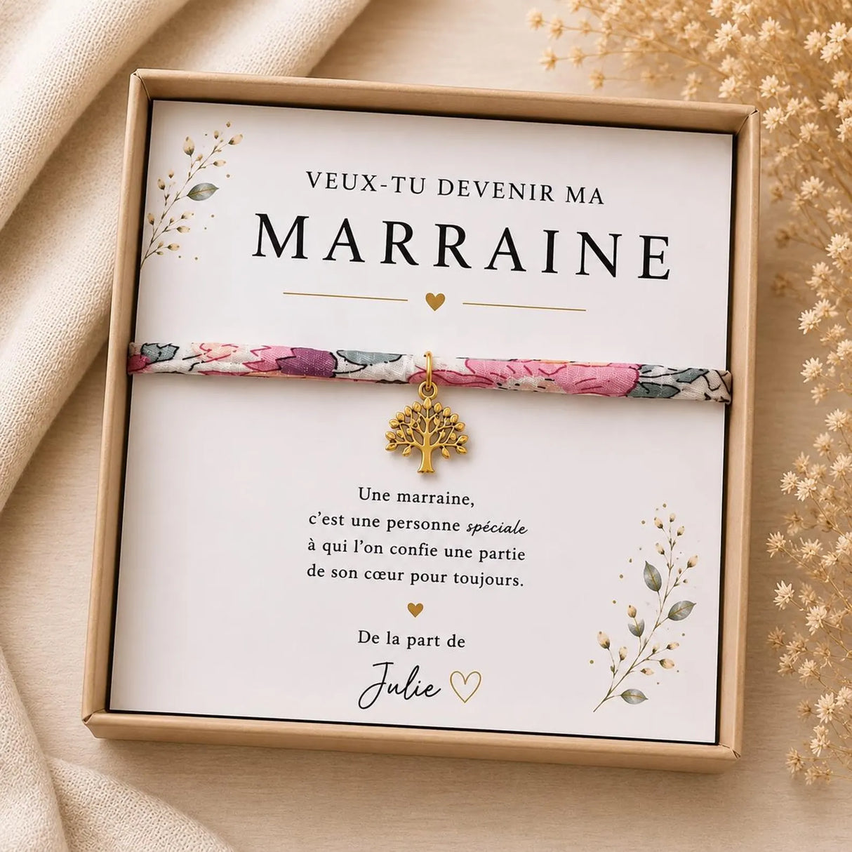 Annonce grossesse - Bracelet Marraine Liberty – Cadeau Marraine – Veux-tu devenir ma marraine ? – Coffret cadeau personnalisé
