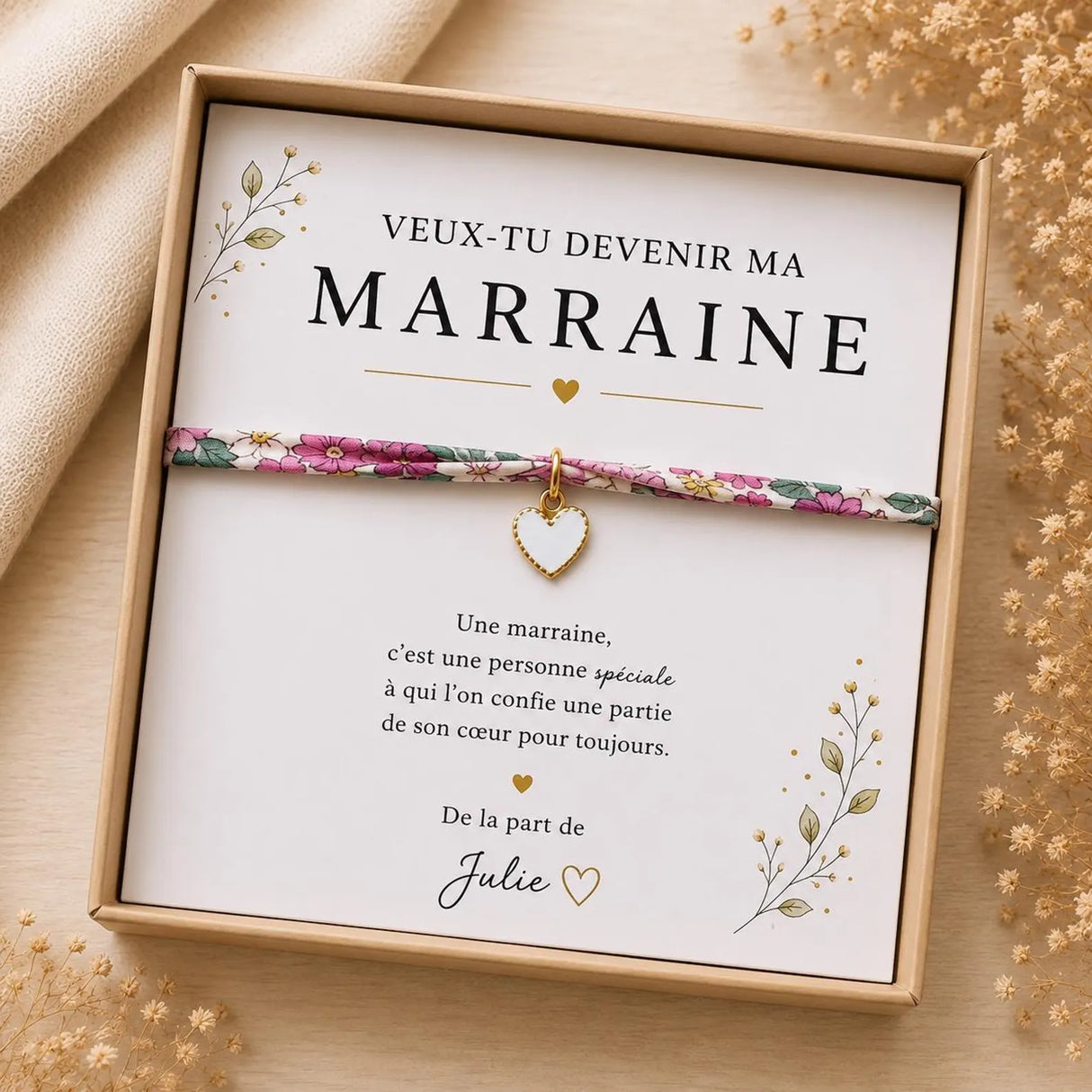 Annonce grossesse - Bracelet Marraine Liberty – Cadeau Marraine – Veux-tu devenir ma marraine ? – Coffret cadeau personnalisé