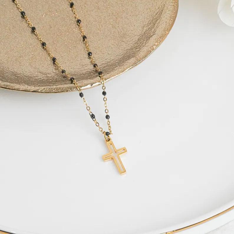 Collier croix chrétienne chaine perlée or et noire acier inoxydable femme
