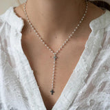 Collier croix pendentif long perles blanches argent acier inoxydable