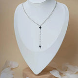 Collier croix pendentif long perles blanches argent acier inoxydable