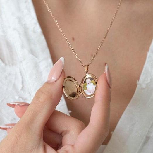 Collier photo or rose  personnalisé médaillon ovale acier inoxydable