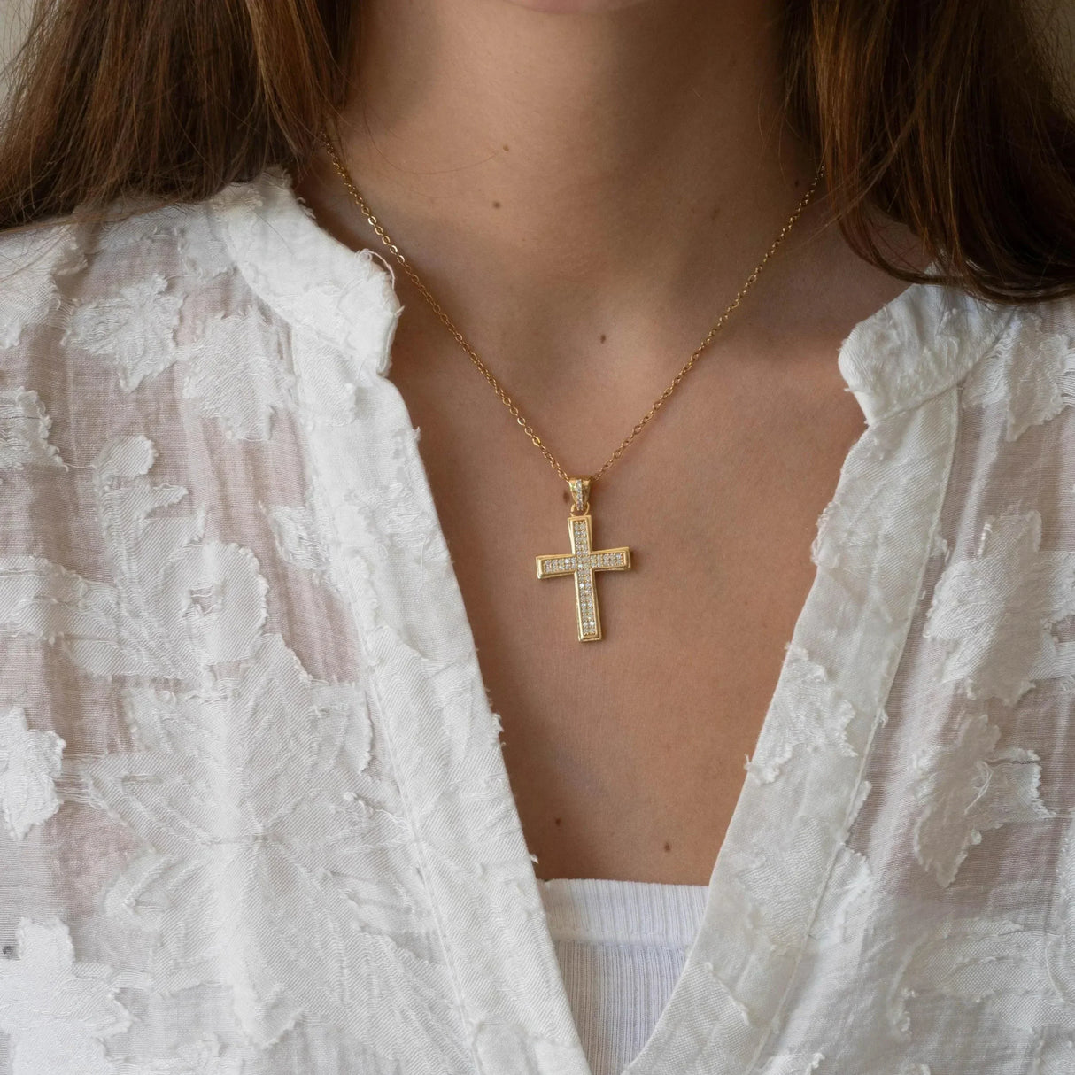 Collier croix or strass pour femme en acier inoxydable