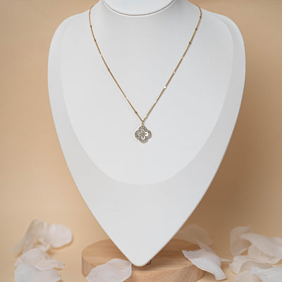 Collier trèfle or et blanc oxydes de zirconium acier inoxydable femme
