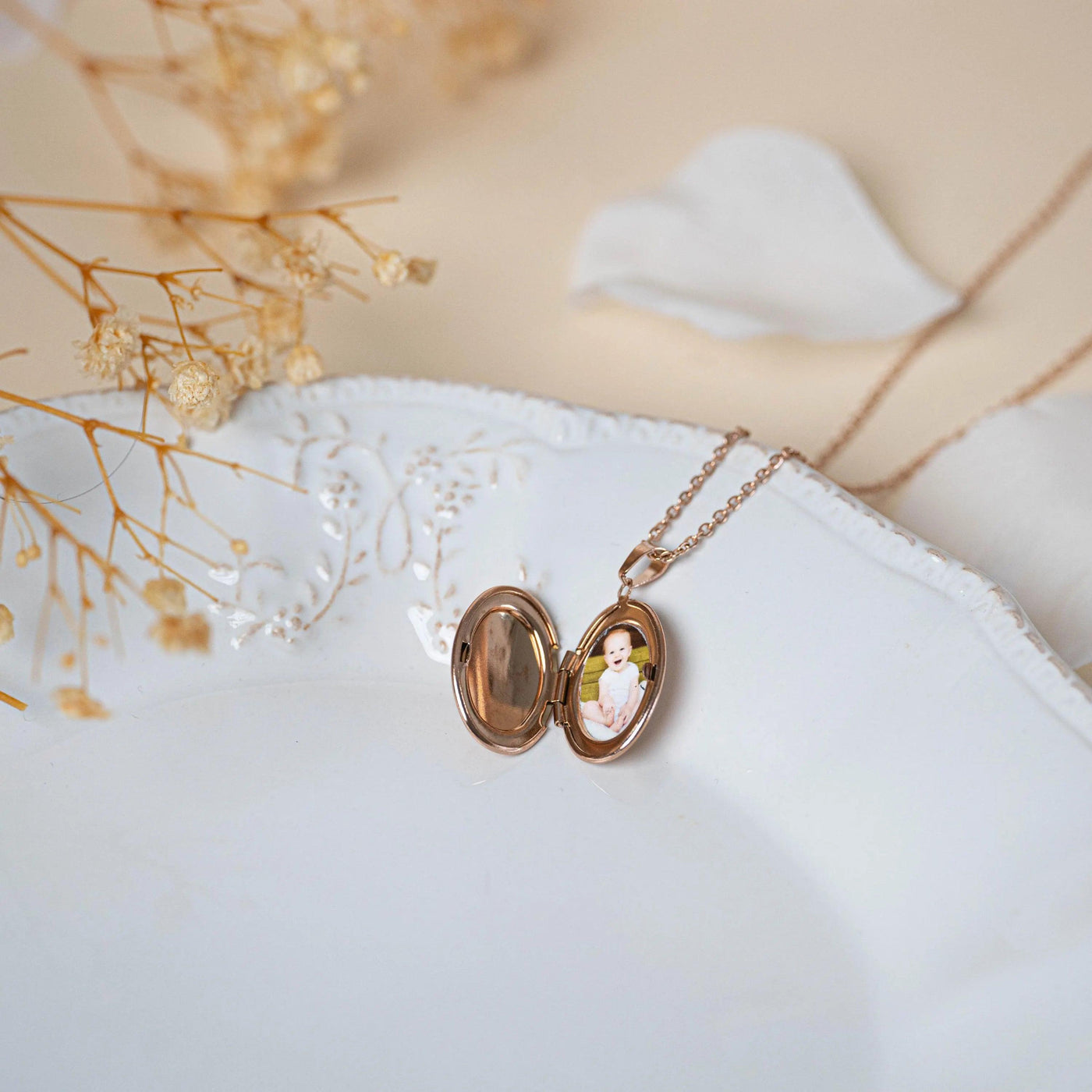 Collier photo or rose  personnalisé médaillon ovale acier inoxydable