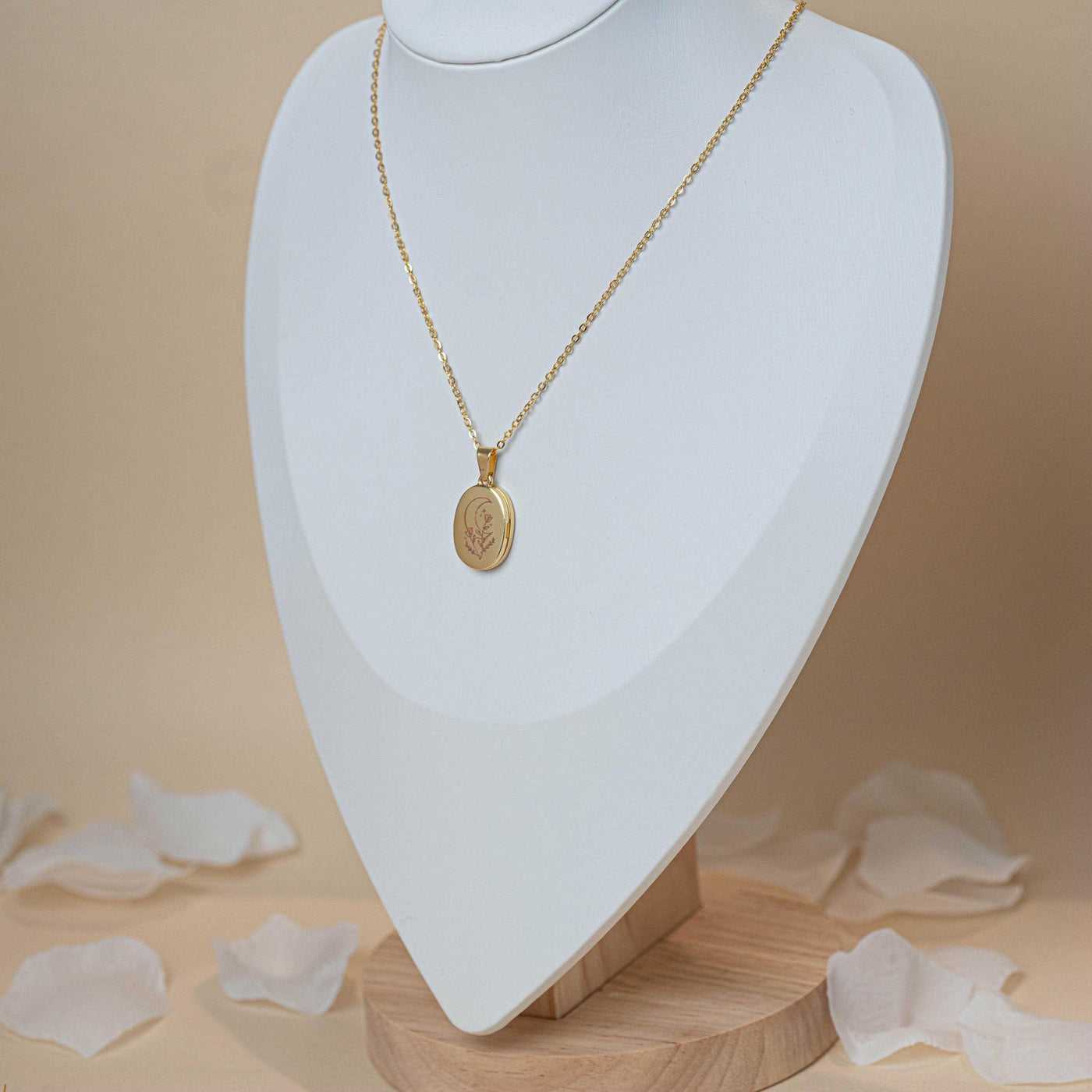 Collier photo or personnalisé médaillon ovale acier inoxydable motif lune