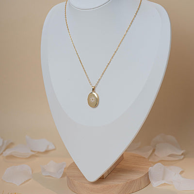 Collier photo or personnalisé médaillon ovale acier inoxydable motif soleil