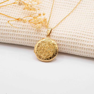 Collier photo or personnalisé médaillon rond motif fleur en acier inoxydable