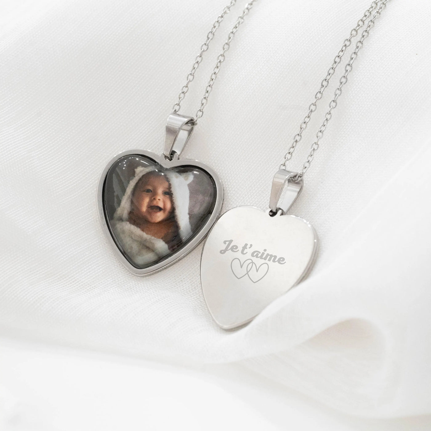 Collier photo argent personnalisé médaillon coeur à graver en acier inoxydable