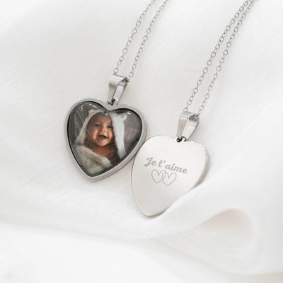 Collier photo argent personnalisé médaillon coeur à graver en acier inoxydable