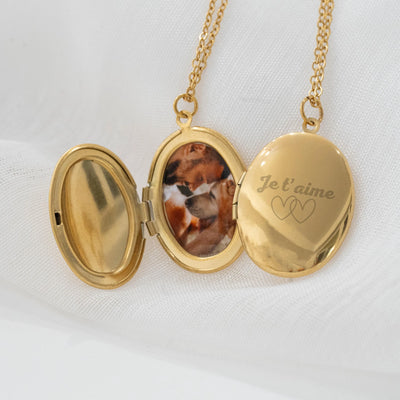 Collier photo or personnalisé médaillon ovale à graver en acier inoxydable