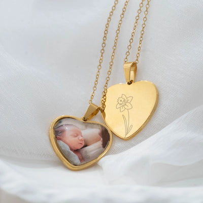 Collier photo or personnalisé médaillon coeur à graver en acier inoxydable